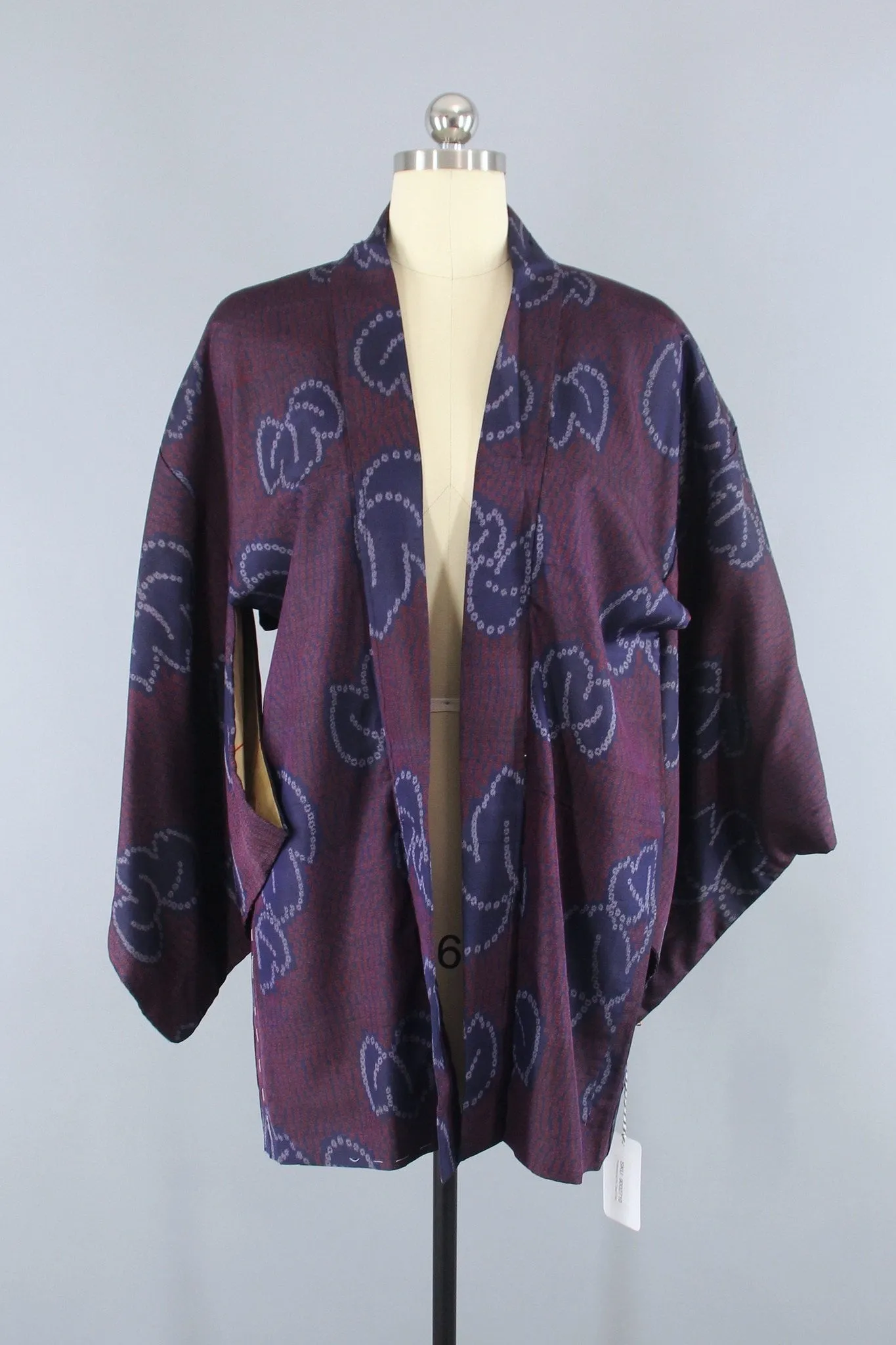 1940s Vintage Silk Haori Kimono Jacket Cardigan / Maroon Blue Floral