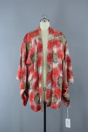 1940s Vintage Silk Haori Kimono Jacket with Red and Gold Chrysanthemums Floral Print