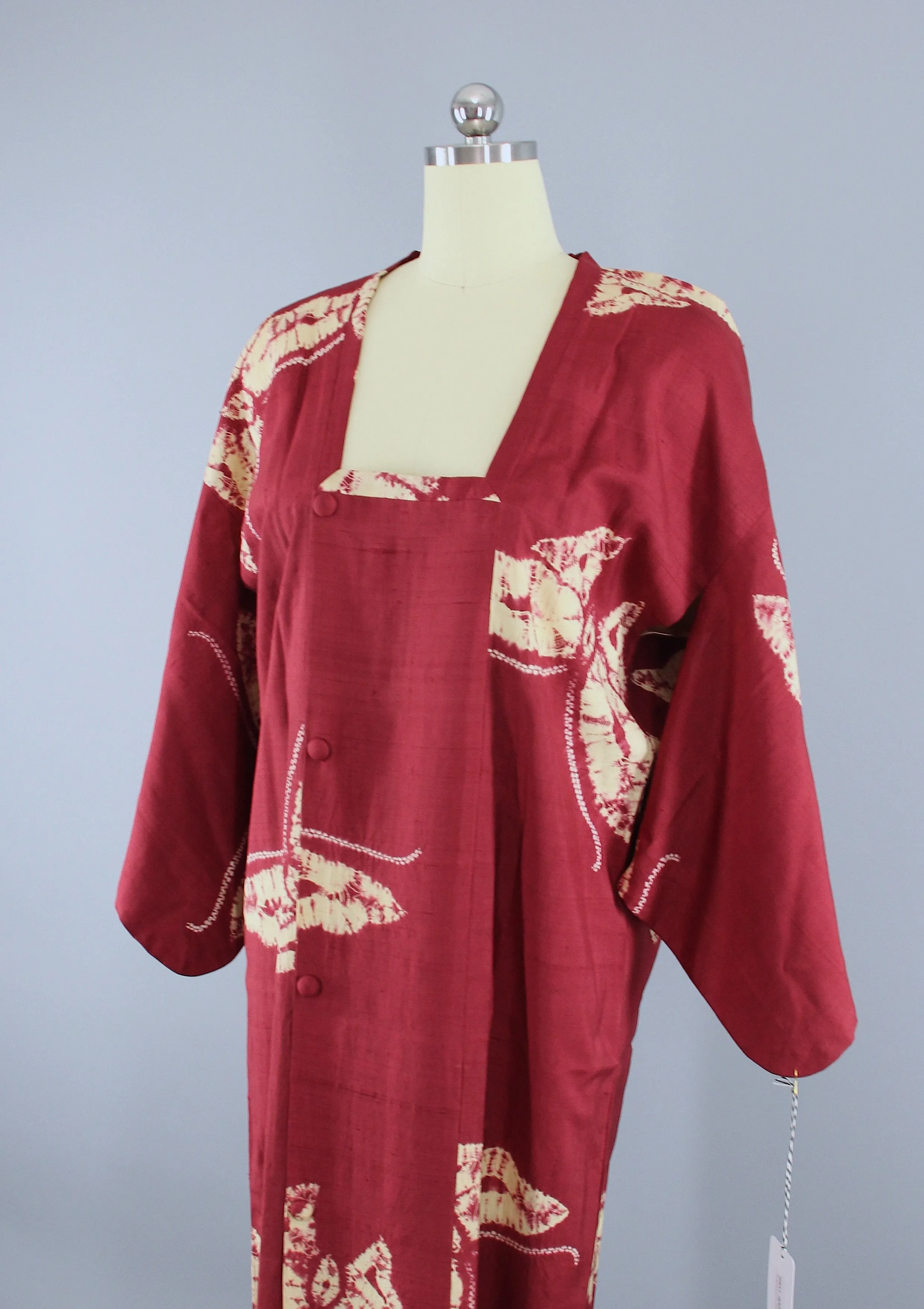 1940s Vintage Silk Kimono Jacket Coat / Maroon Red Shibori Dyed