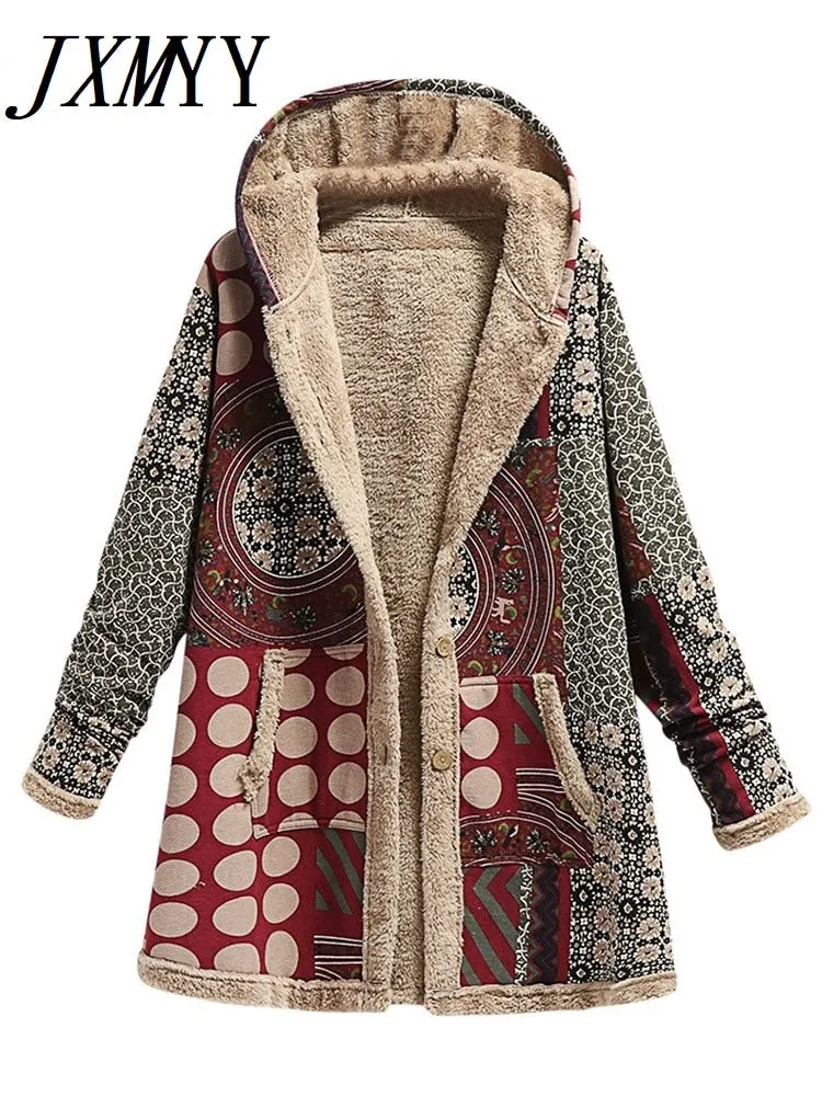 2022 Winter Vintage Women Coat Warm Printing Thick Fleece Hooded Long Jacket with Pocket Ladies Outwear Loose Coat for Women