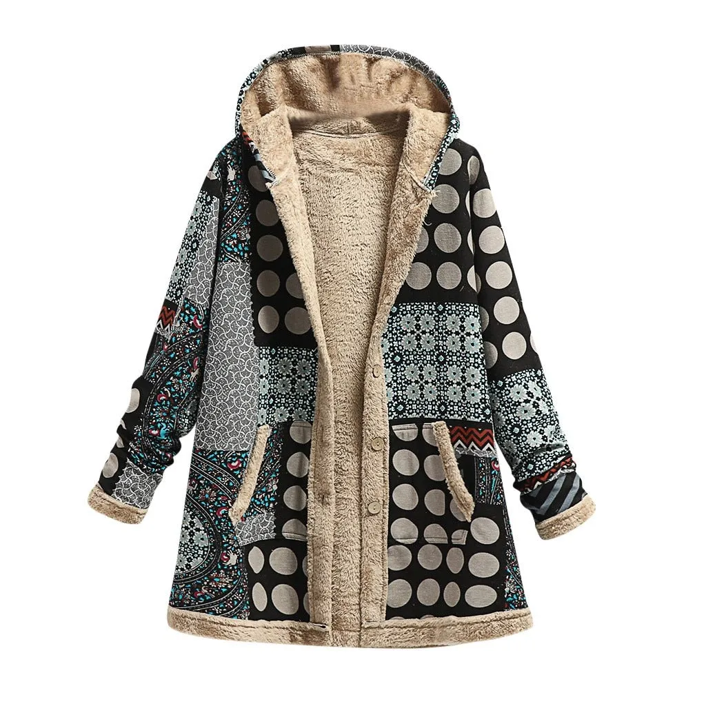 2022 Winter Vintage Women Coat Warm Printing Thick Fleece Hooded Long Jacket with Pocket Ladies Outwear Loose Coat for Women