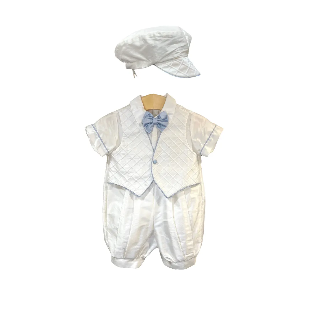 2pc Silk Romper with Blue Trim w Cabby Hat