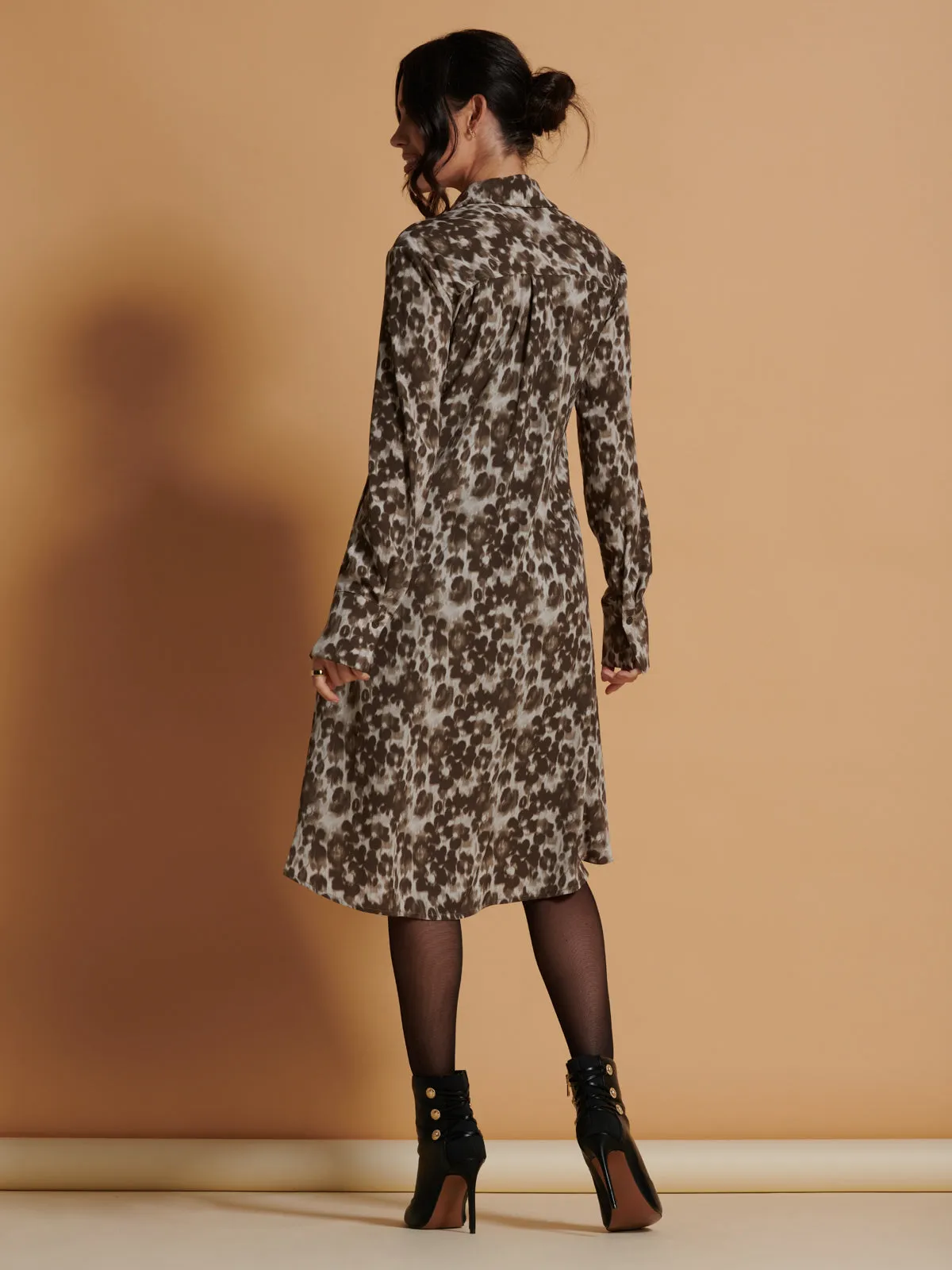 Abstract Print Dipped Hem Shirt Dress, Taupe Multi