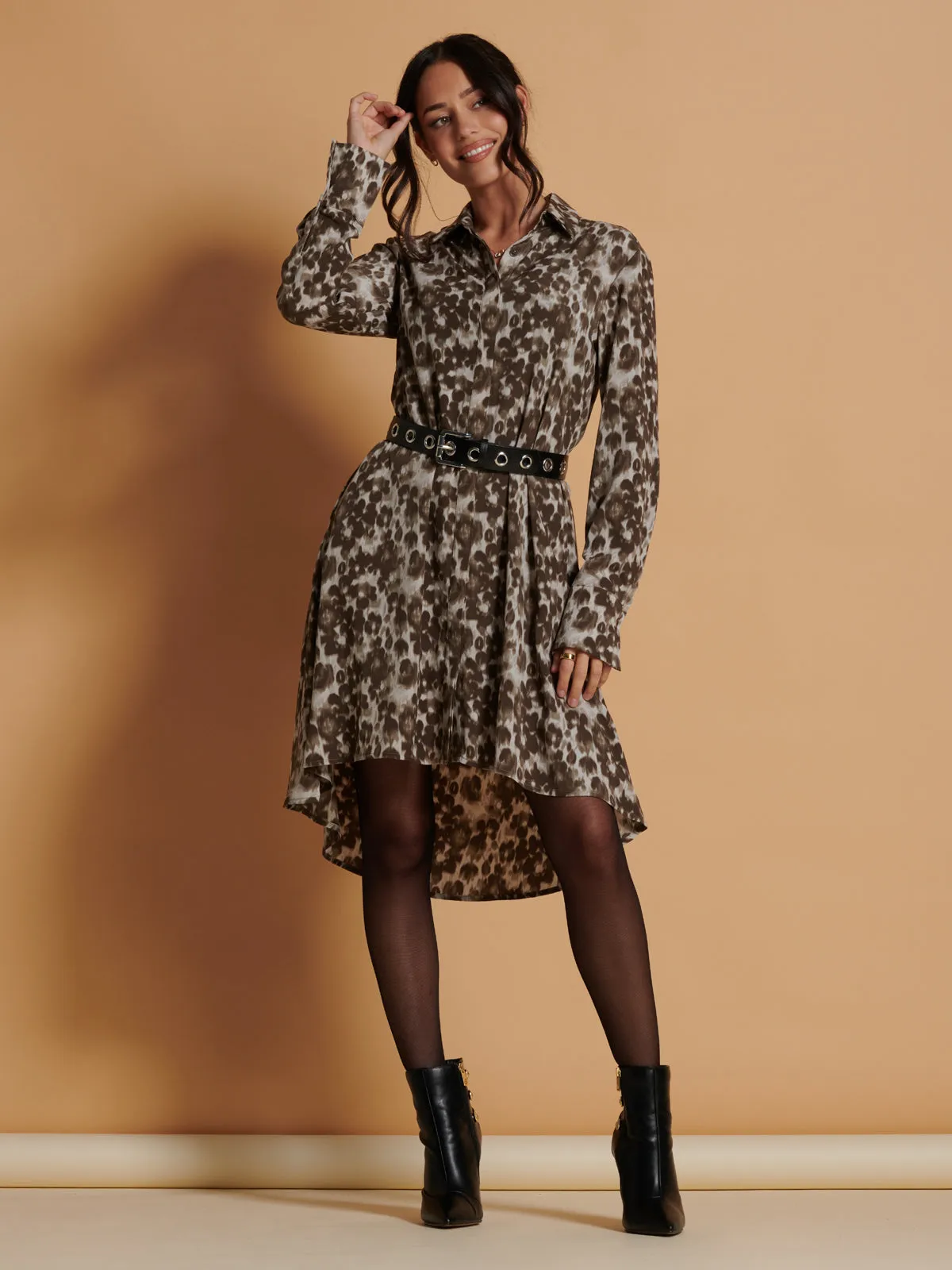 Abstract Print Dipped Hem Shirt Dress, Taupe Multi