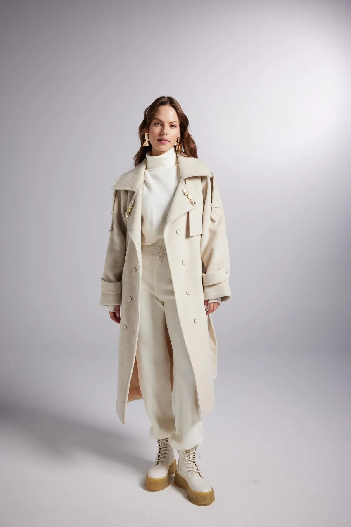 Accessorized Wool Blended Cashmere Maxi Woody Ecru Coat