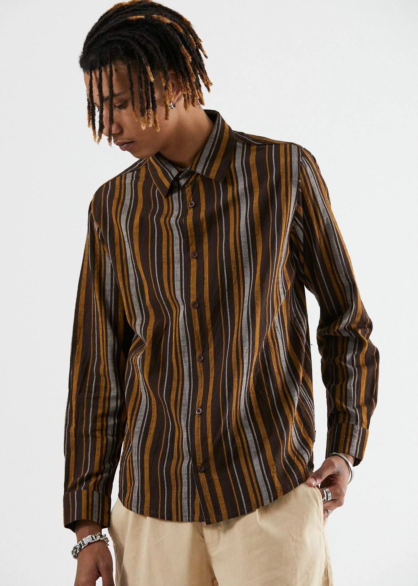 Afends Mens Motel - Long Sleeve Shirt - Bracken