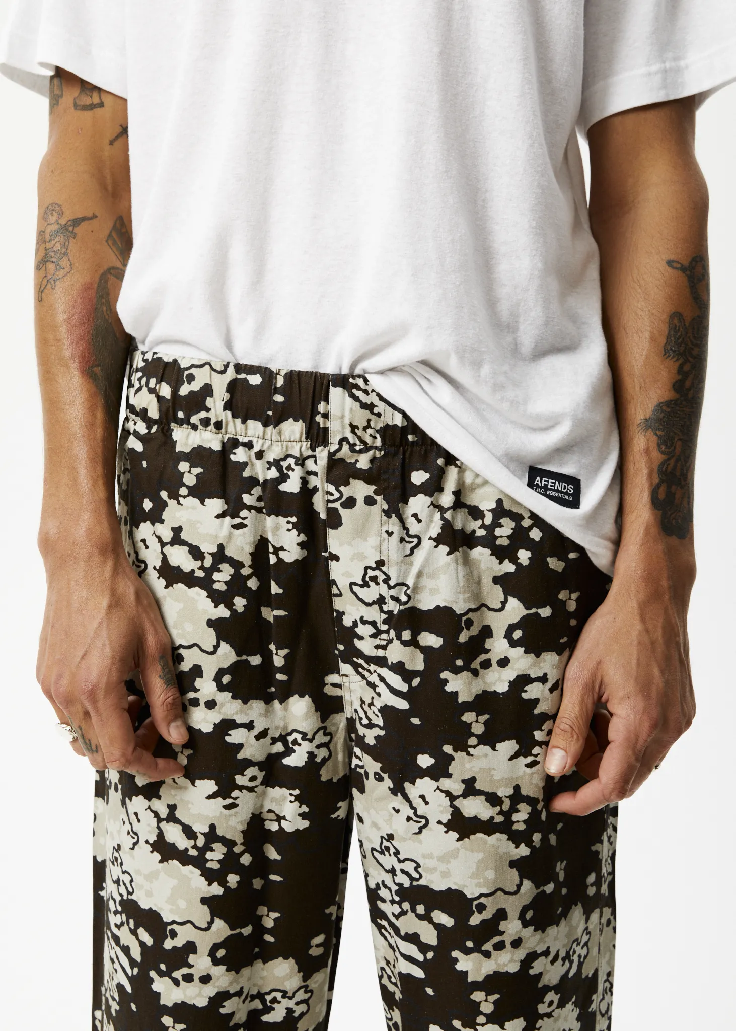 AFENDS Mens Ninety Eights - Baggy Elastic Waist Pants - Earth Camo