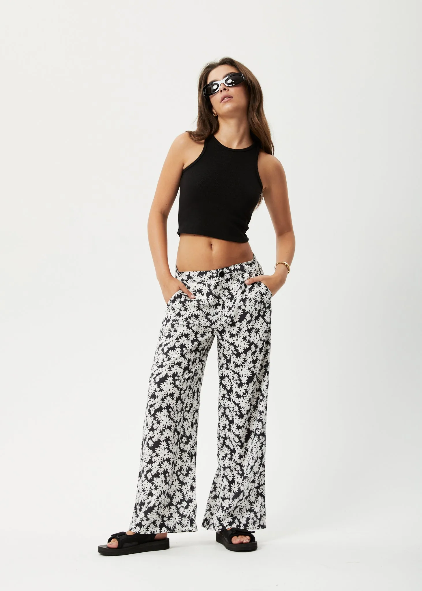 AFENDS Womens Benny Sienna - Wide Leg Pants - Black Daisy