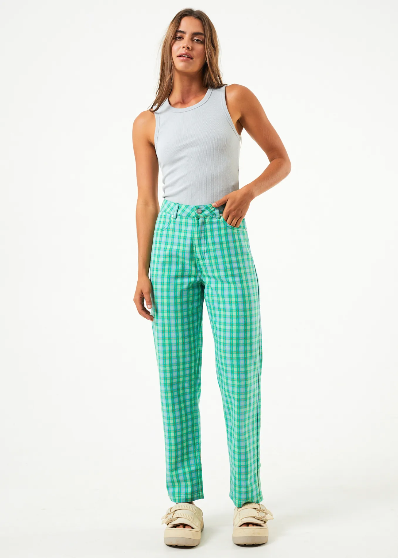 AFENDS Womens Tully Shelby - Check Wide Leg Pants - Forest Check