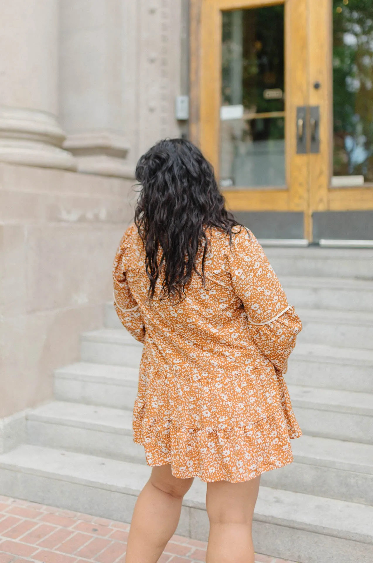 Alana Floral Babydoll Tiered Mini Dress - Burnt Orange