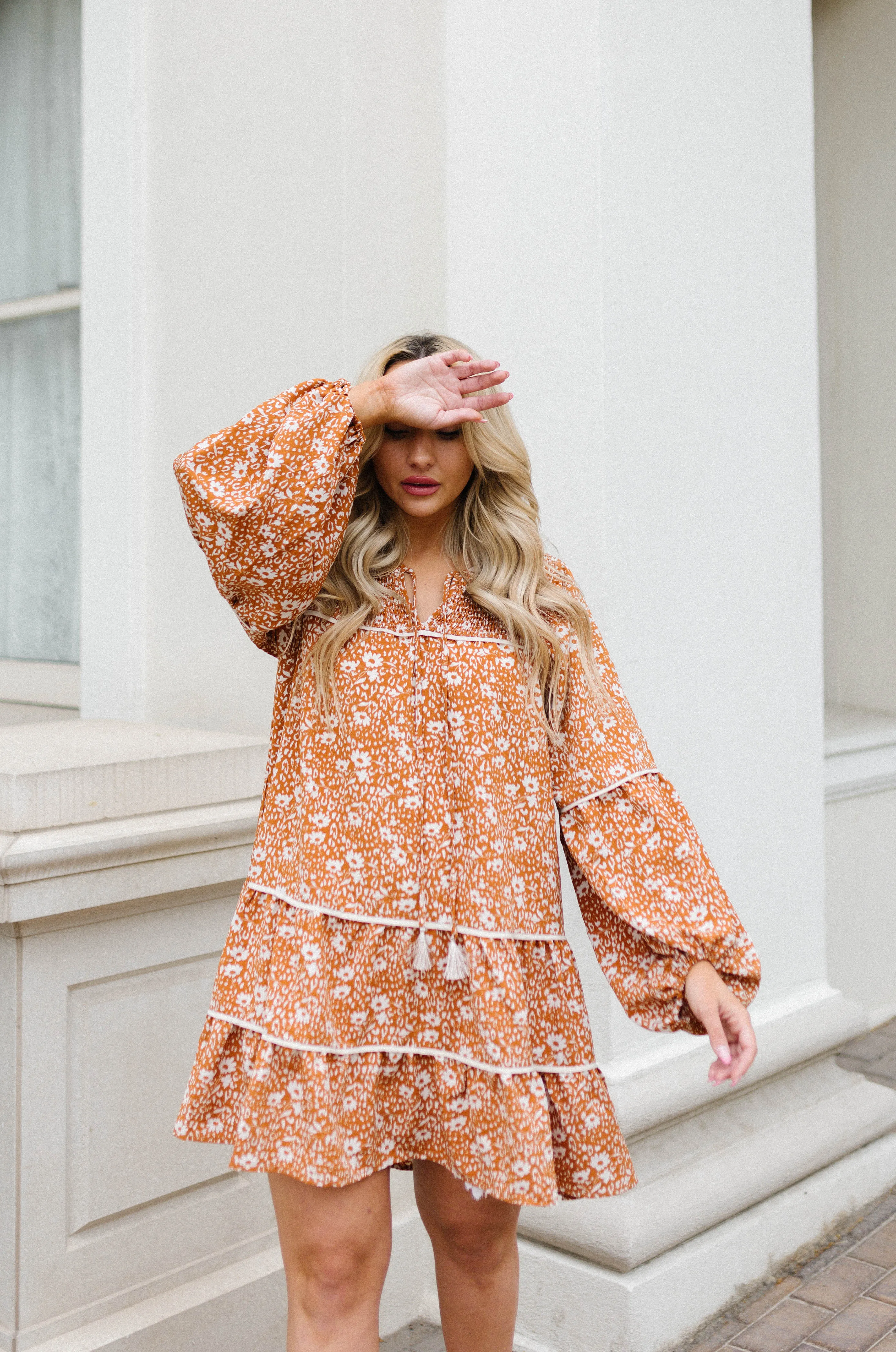 Alana Floral Babydoll Tiered Mini Dress - Burnt Orange