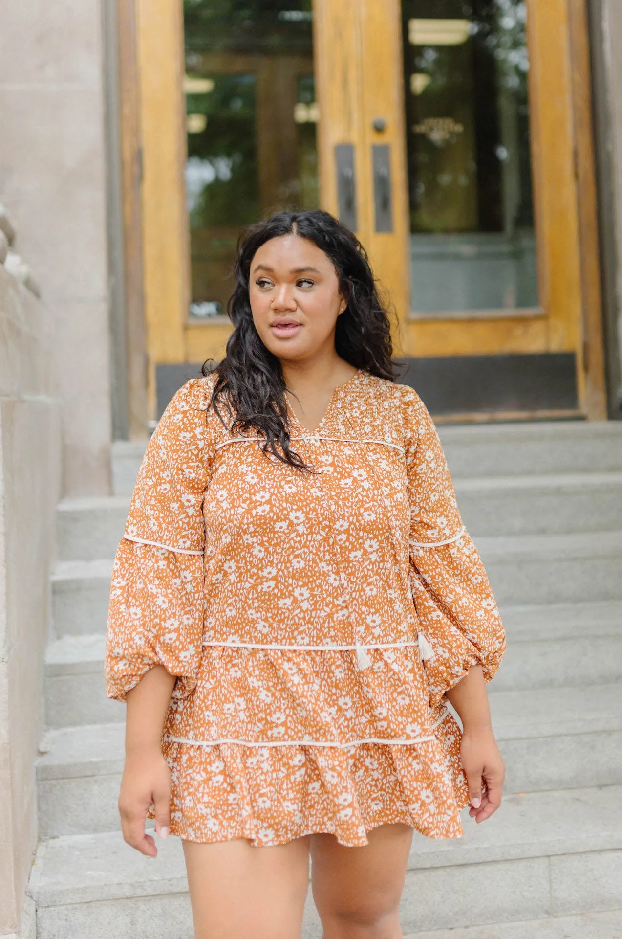 Alana Floral Babydoll Tiered Mini Dress - Burnt Orange