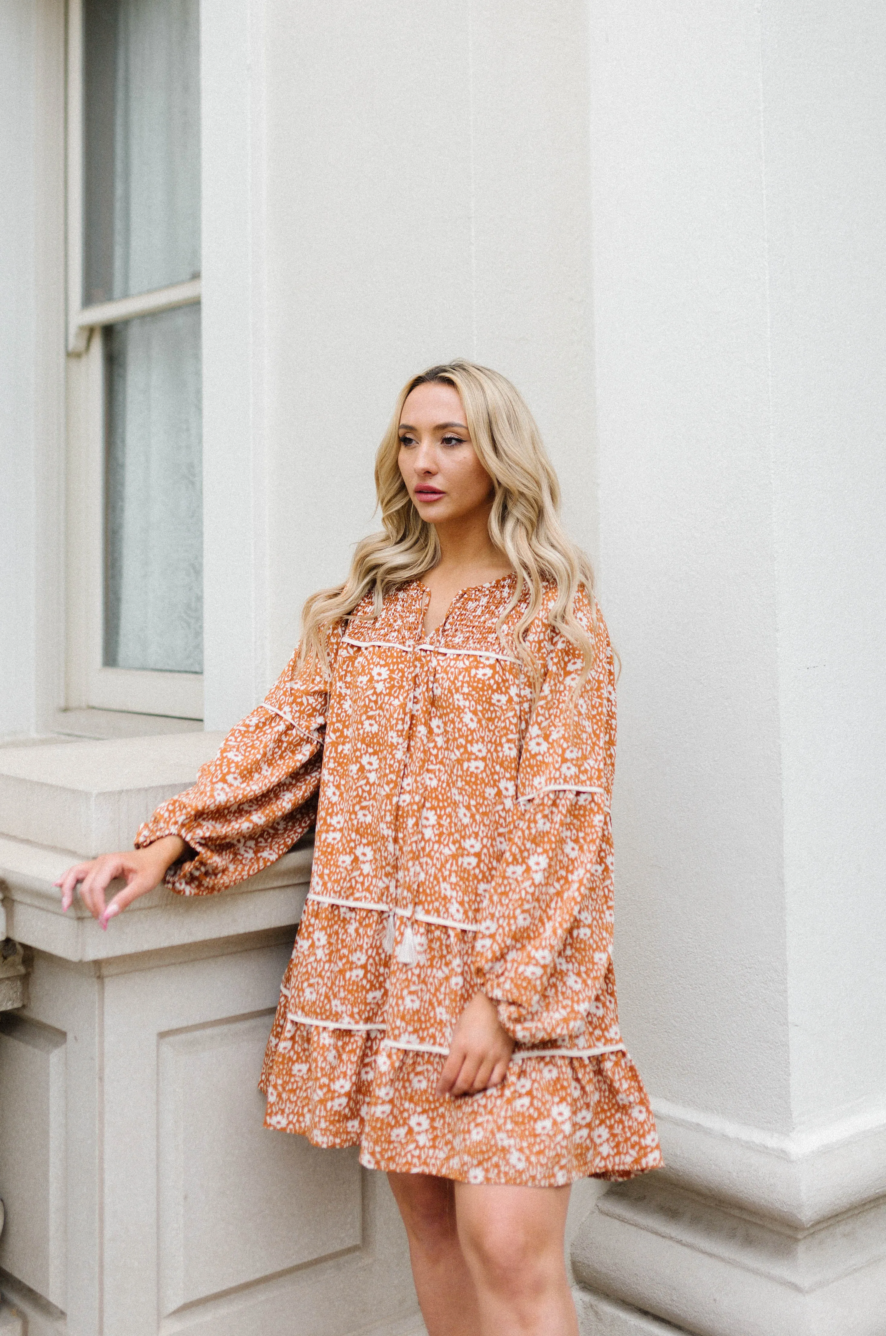 Alana Floral Babydoll Tiered Mini Dress - Burnt Orange