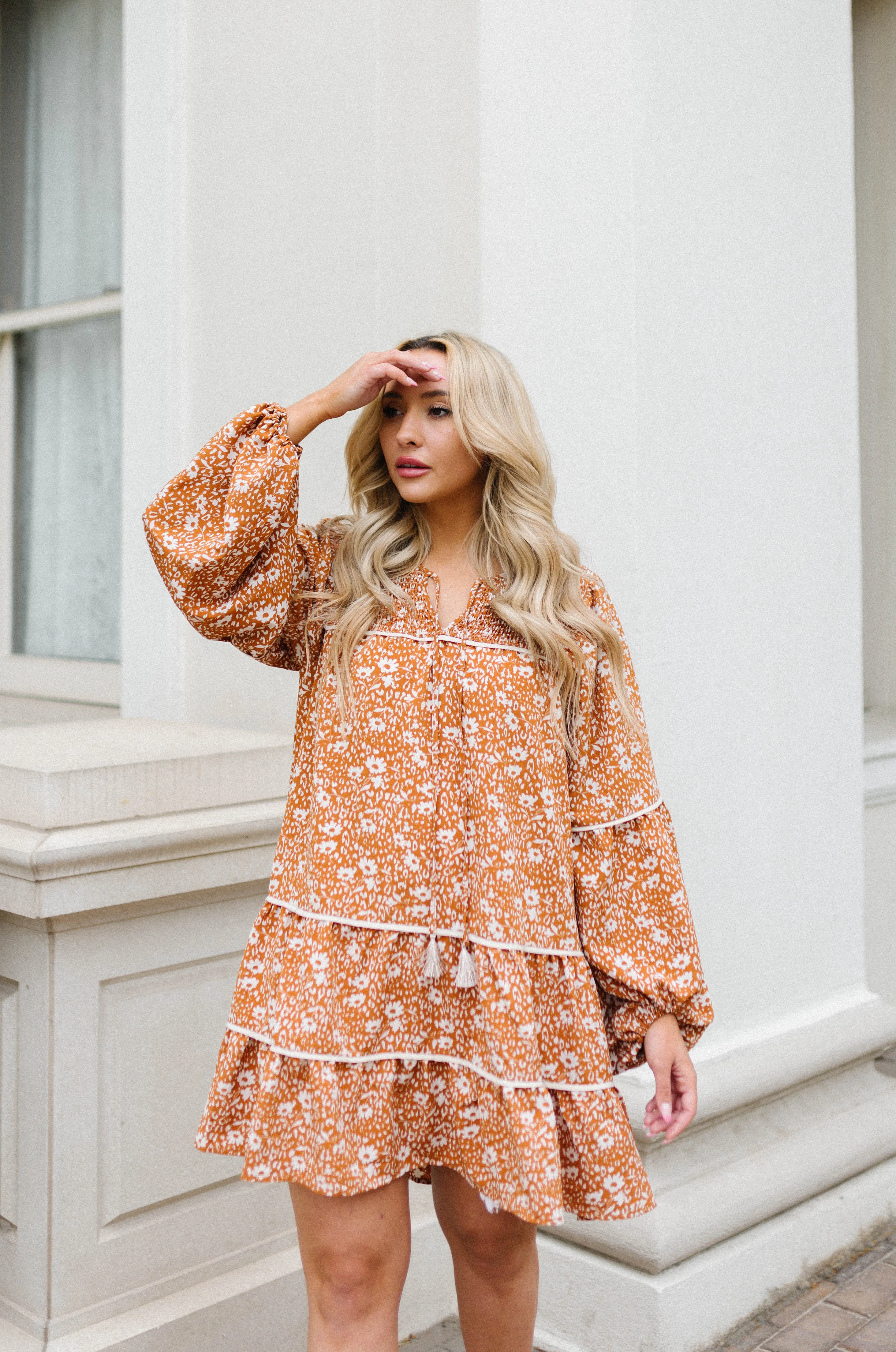 Alana Floral Babydoll Tiered Mini Dress - Burnt Orange