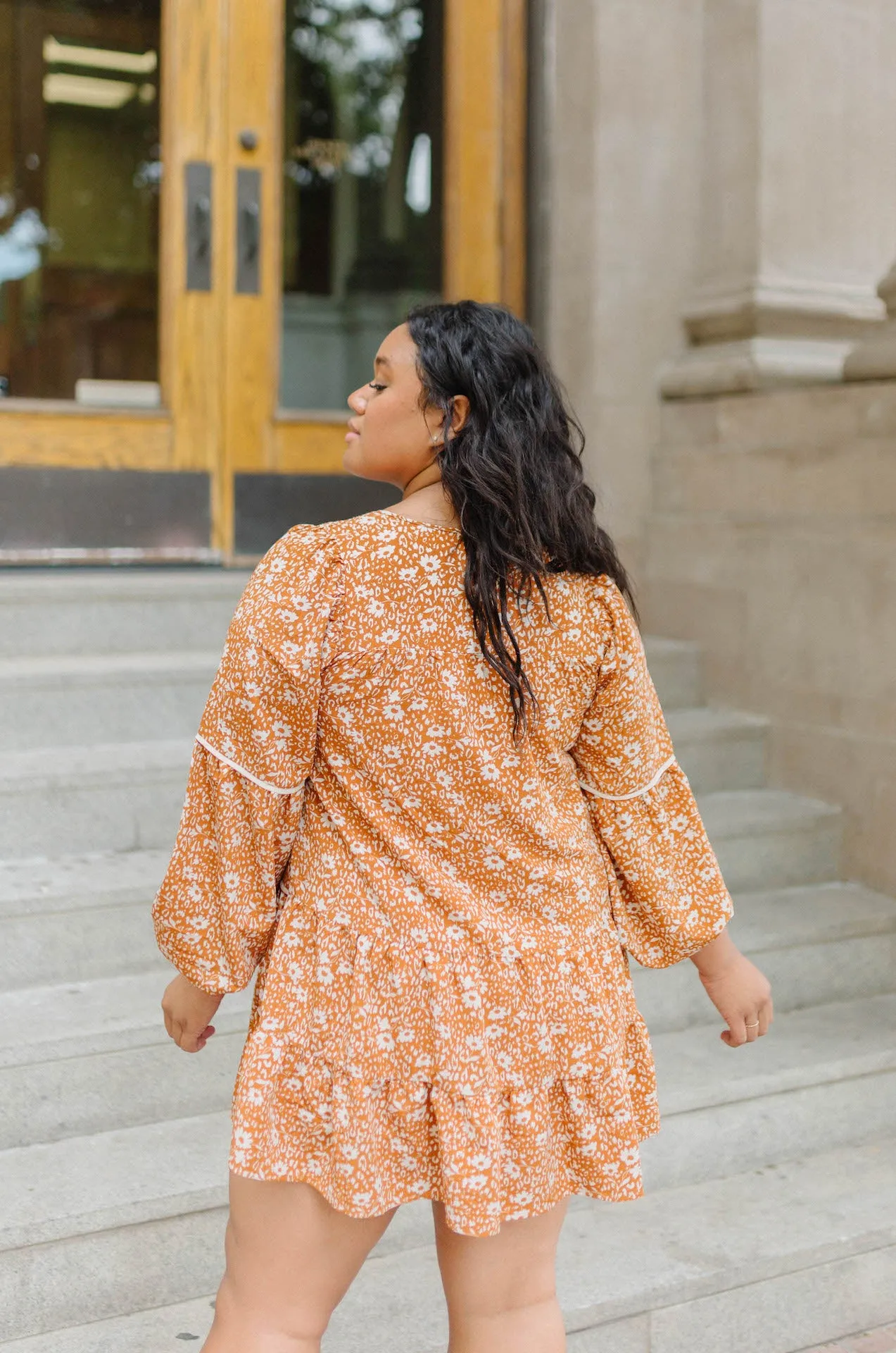 Alana Floral Babydoll Tiered Mini Dress - Burnt Orange