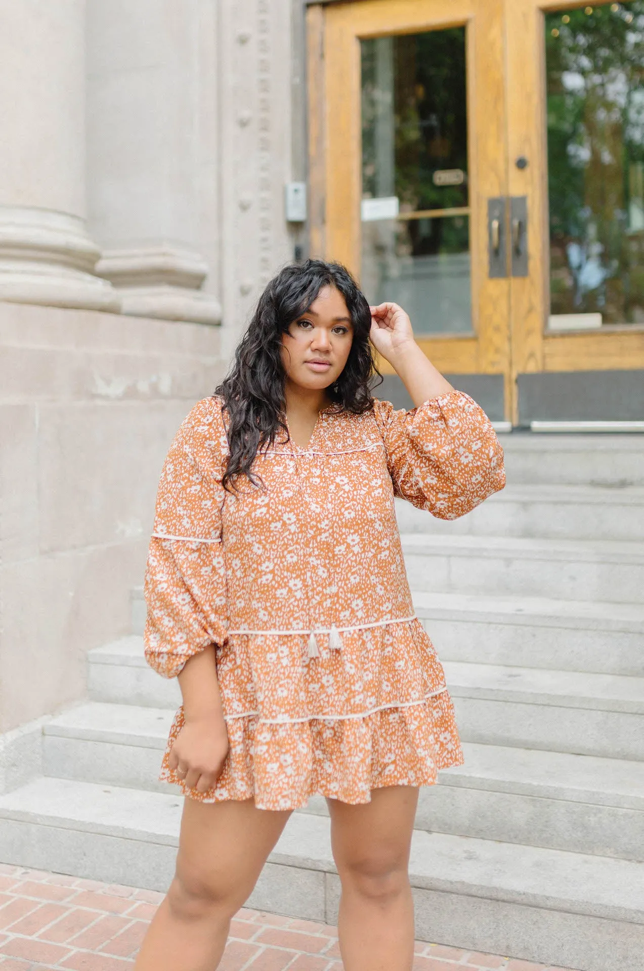 Alana Floral Babydoll Tiered Mini Dress - Burnt Orange