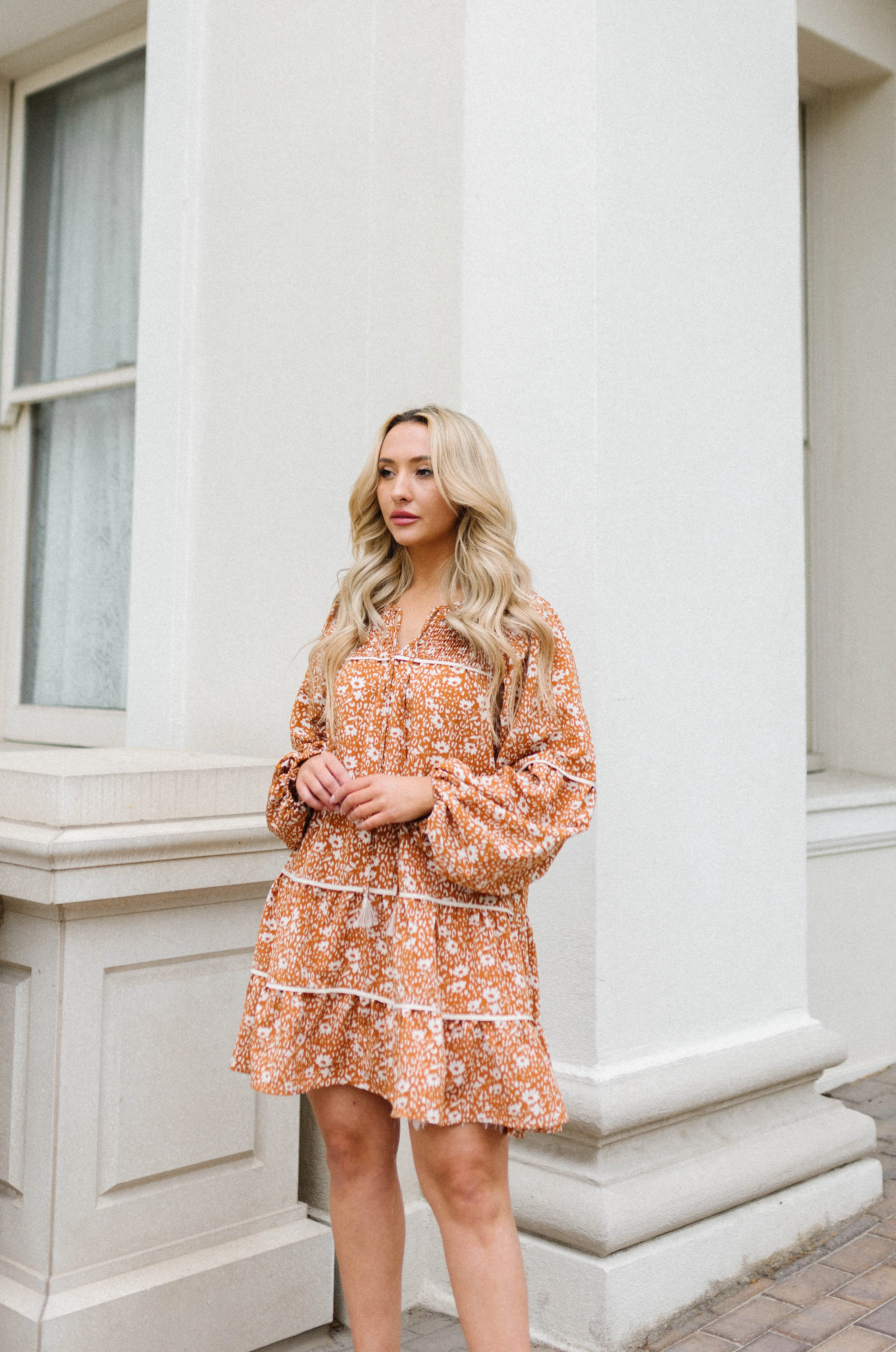 Alana Floral Babydoll Tiered Mini Dress - Burnt Orange