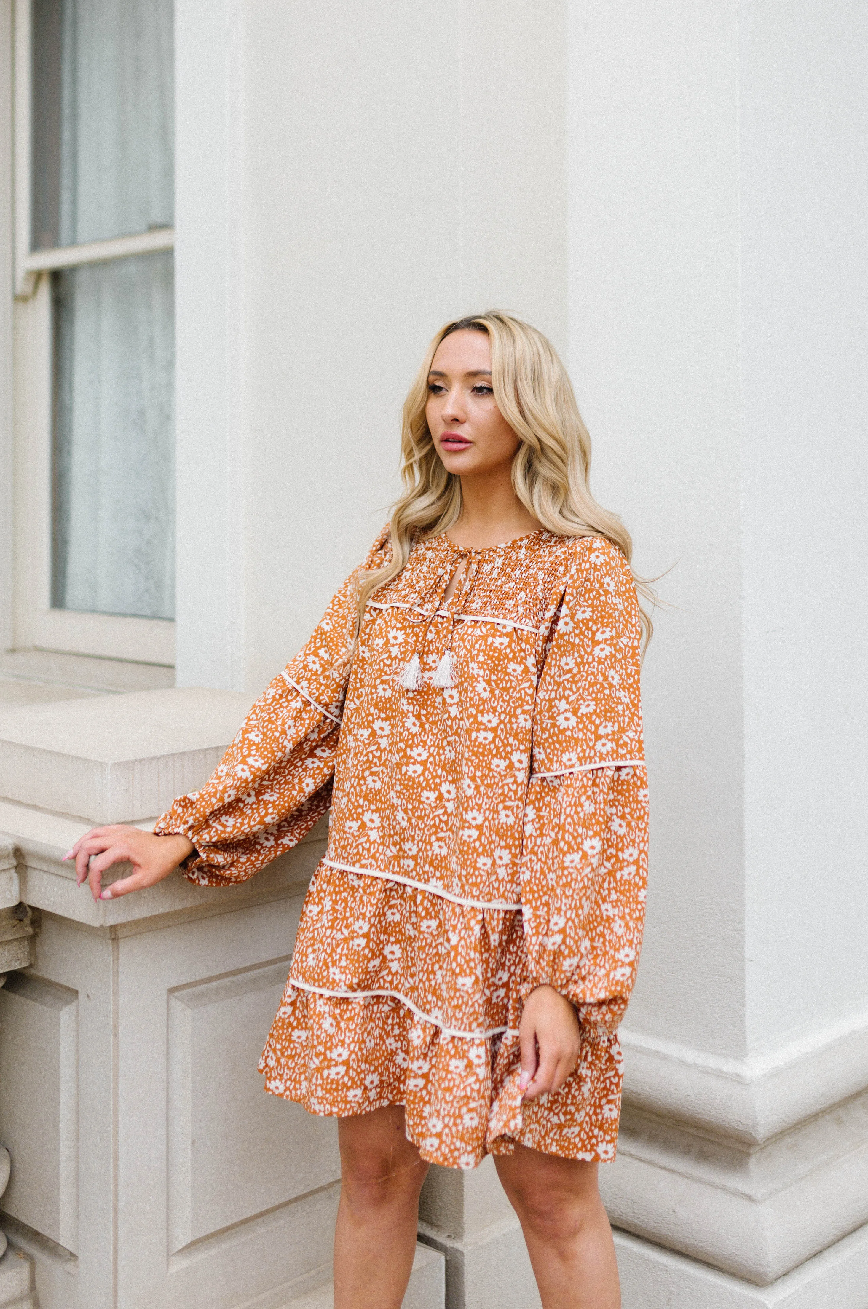 Alana Floral Babydoll Tiered Mini Dress - Burnt Orange