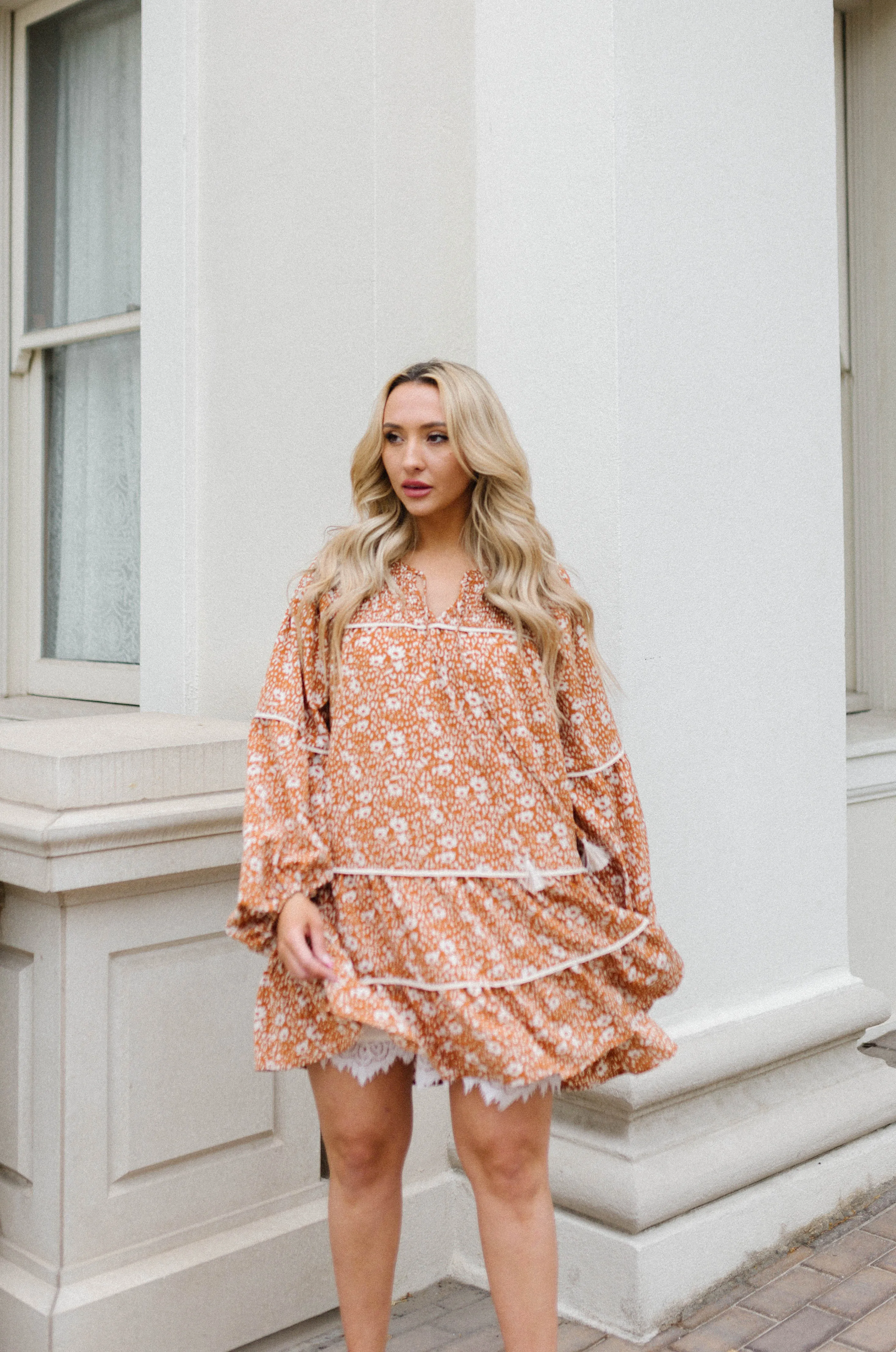 Alana Floral Babydoll Tiered Mini Dress - Burnt Orange