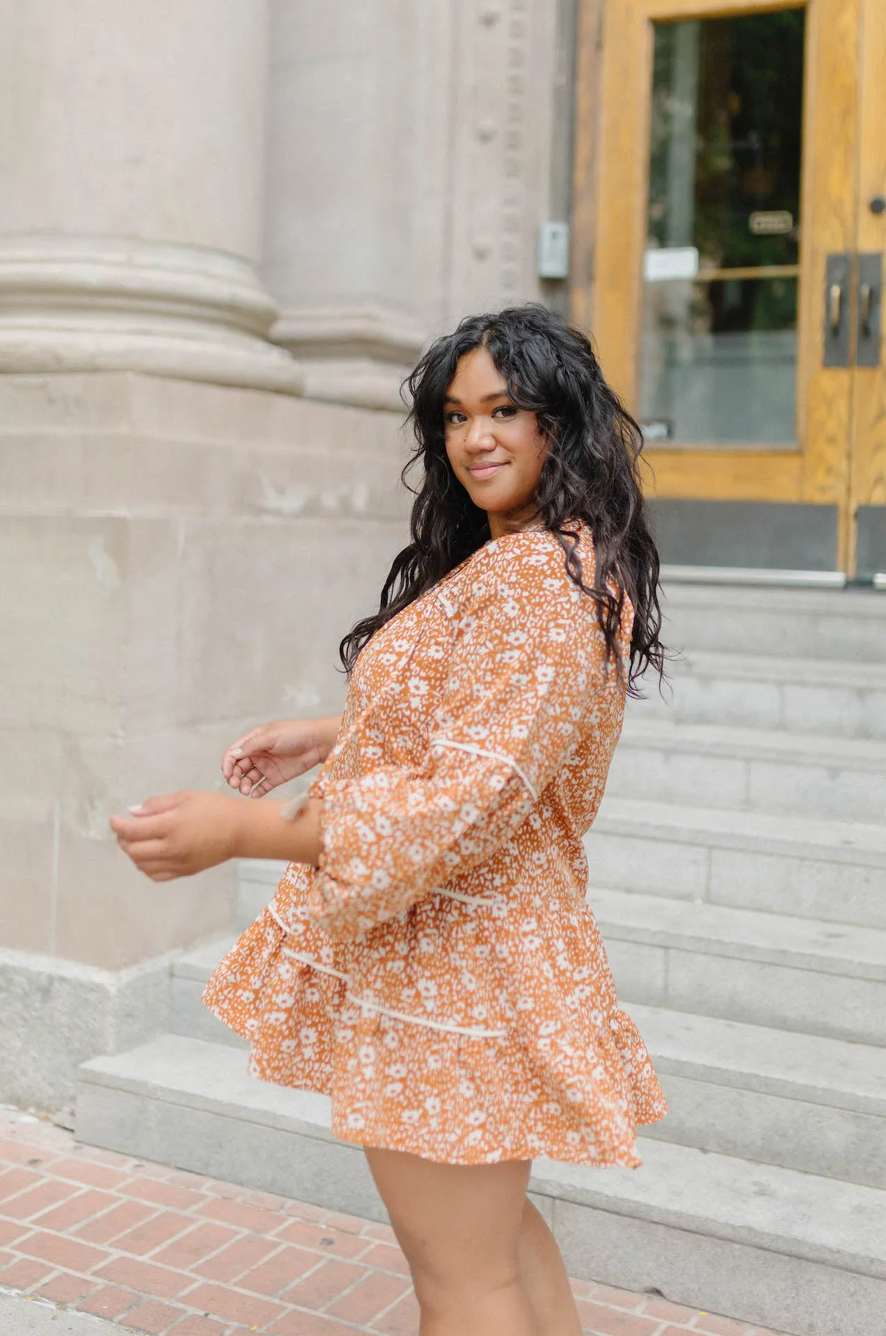 Alana Floral Babydoll Tiered Mini Dress - Burnt Orange