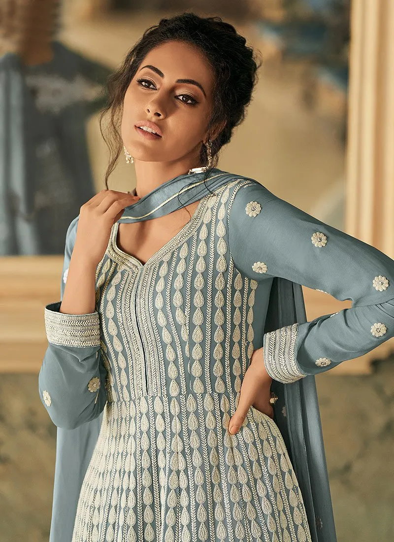 Appealing Blue Georgette Chikankari Embroidered Anarkali