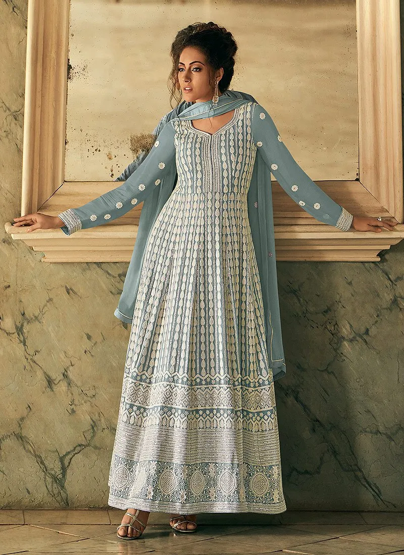 Appealing Blue Georgette Chikankari Embroidered Anarkali