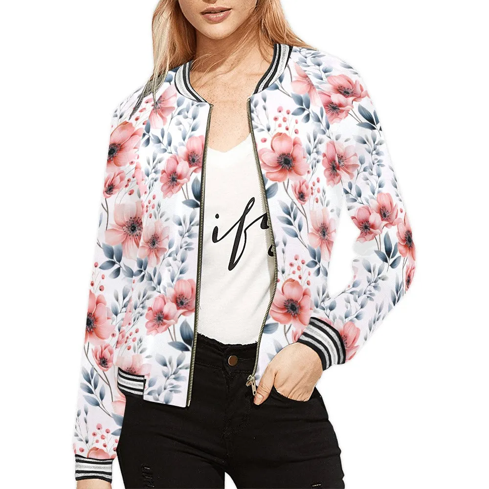 Apricot and Grey Floral Bomber Jacket for Women