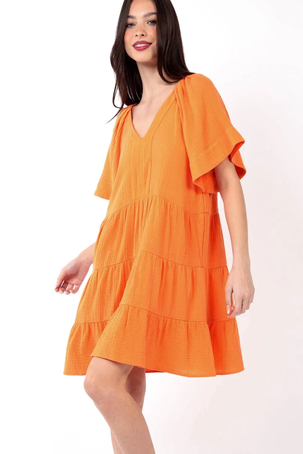 Apricot Solid Gauze Babydoll Tiered Flare Mini Dress