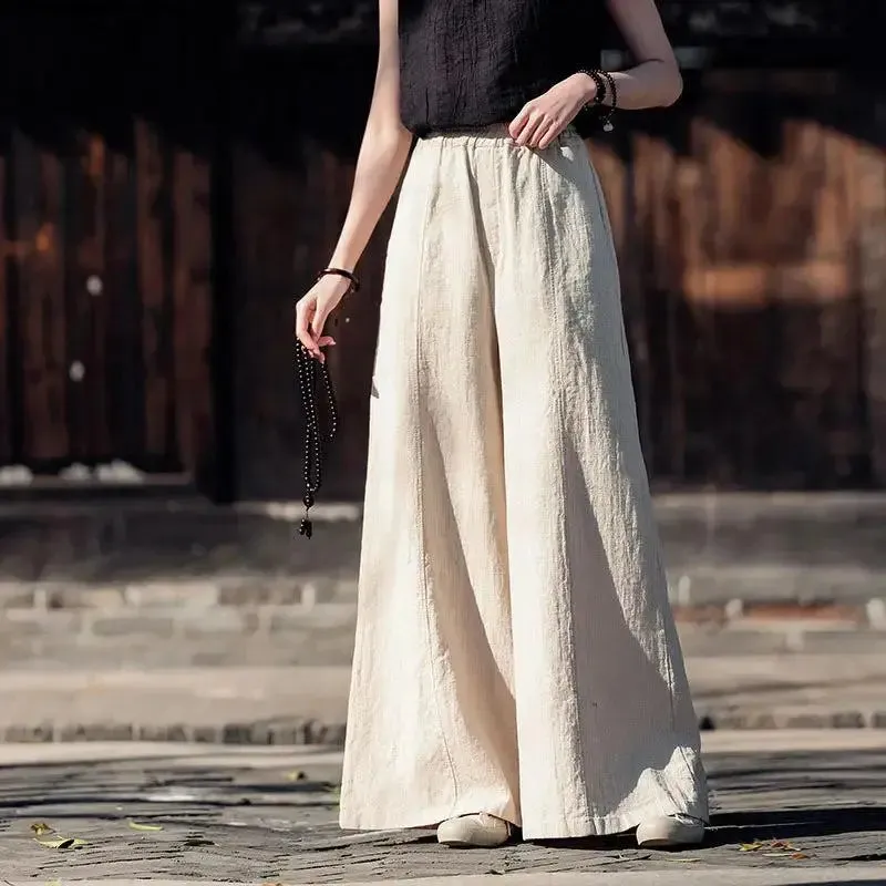 Artistic Retro Linen Wide-Leg Palazzo Trousers for Women