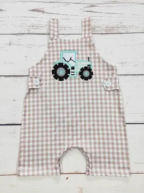 Baby Boy Tractor Appliqué Checkered Romper