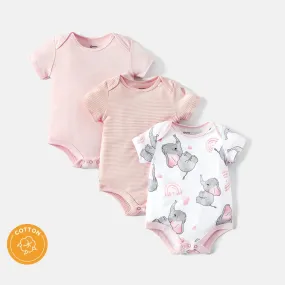 Baby Girl/Boy Elephant Print/Solid Colour Short-sleeve Rompers Perfect for Outings and Daily Wear Basic Style 3-Pack