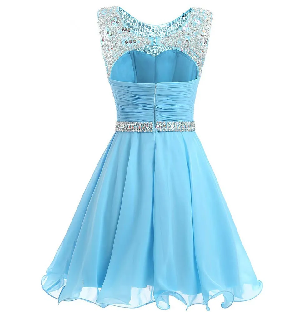 Beaded Chiffon Round Neckline Short Party Dress, Blue Chiffon Homecoming Dresses