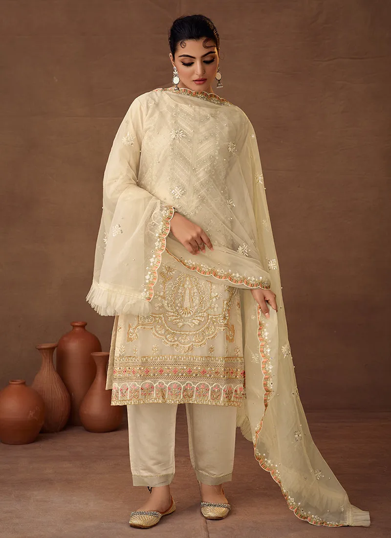 Beige Designer Embroidered Organza Pant Suit