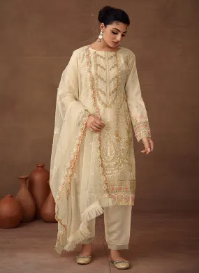 Beige Designer Embroidered Organza Pant Suit