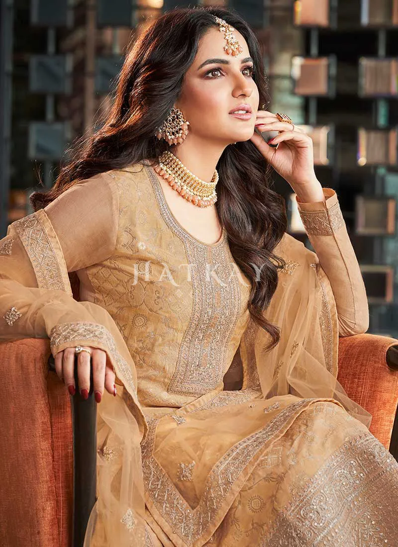 Beige Golden Embroidery Pant Style Suit