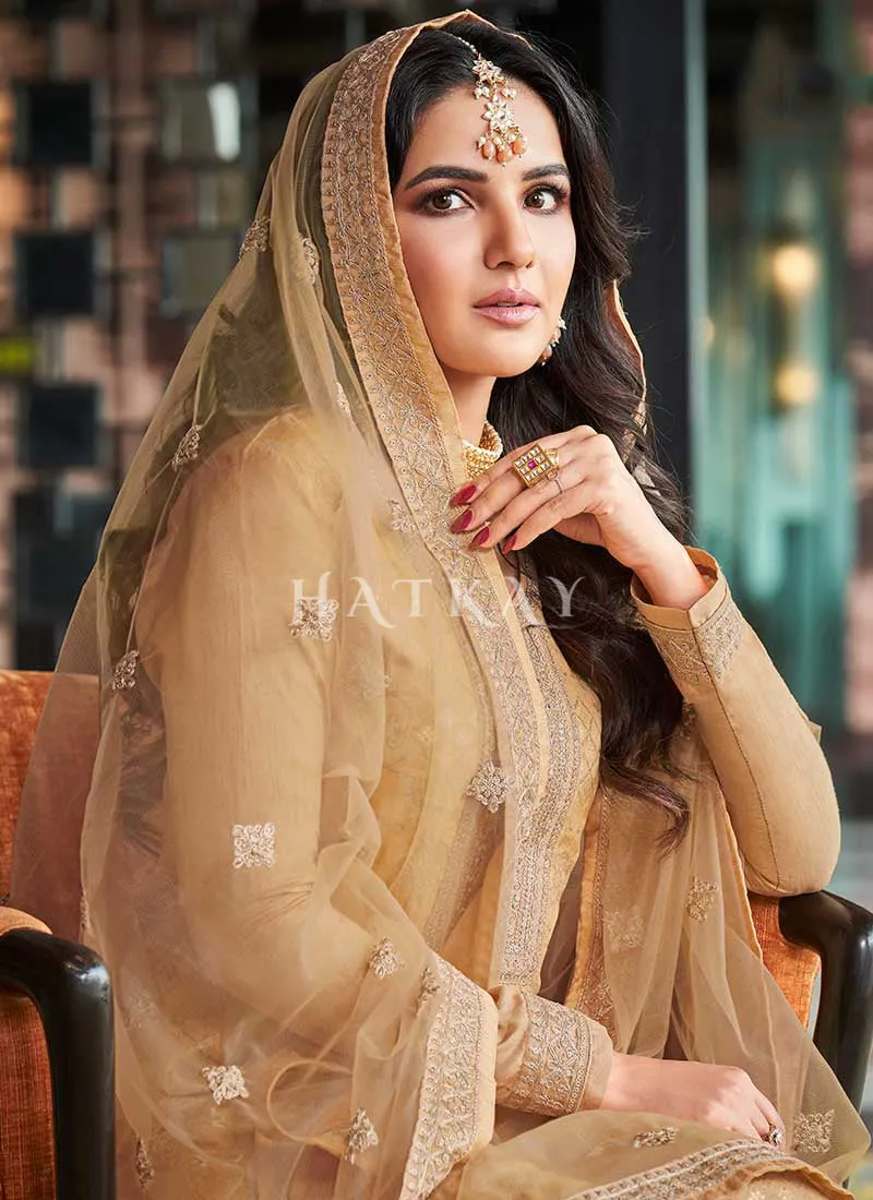 Beige Golden Embroidery Pant Style Suit