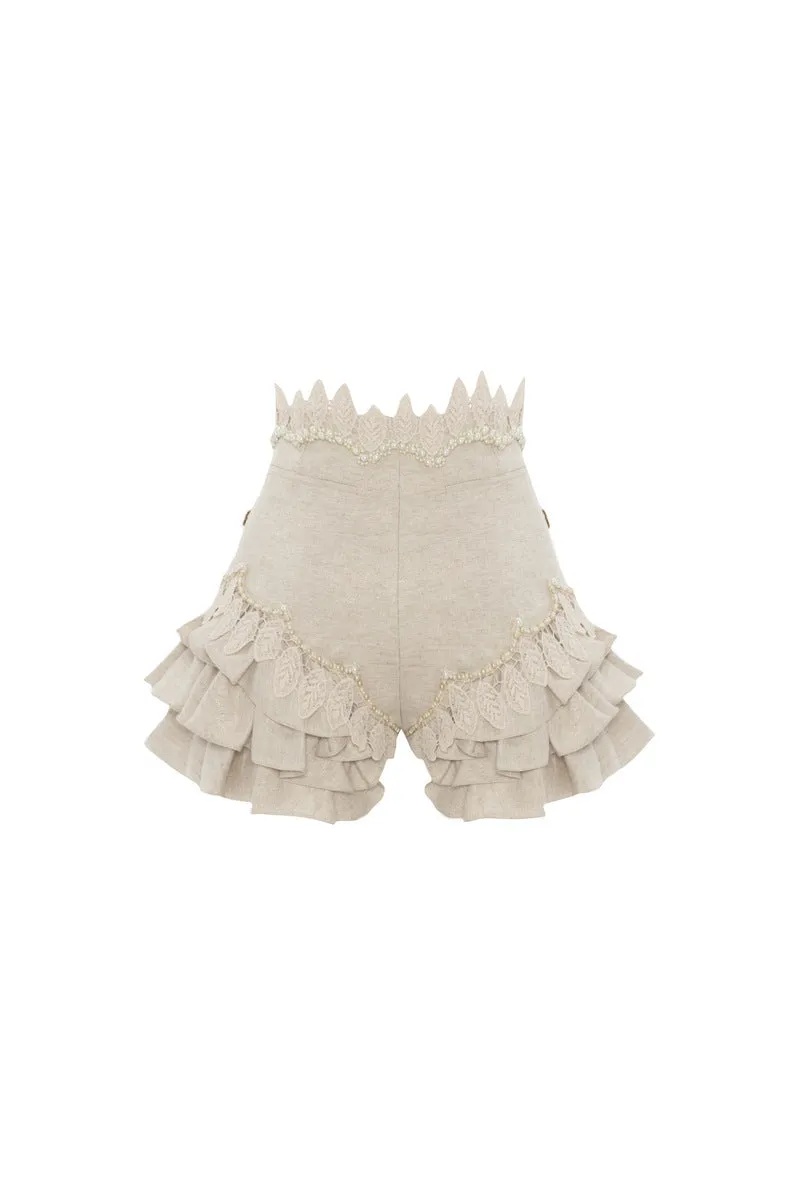 BEIGE HANDMADE APPLIQUE DETAILED RUFFLED LINEN SHORT