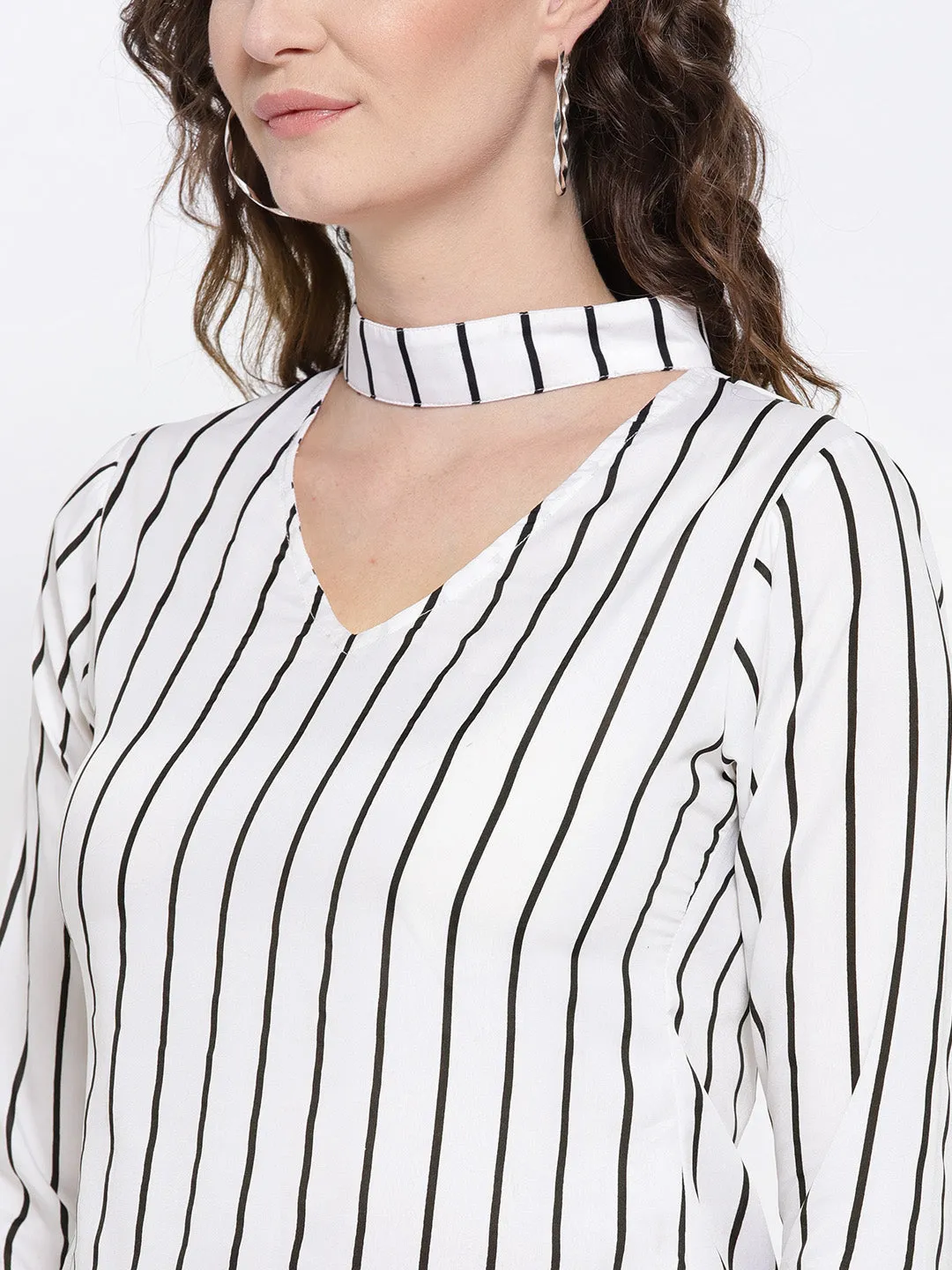 Berrylush Women White & Black Stripe Printed Choker Neck Front Cutout Crepe Regular Top