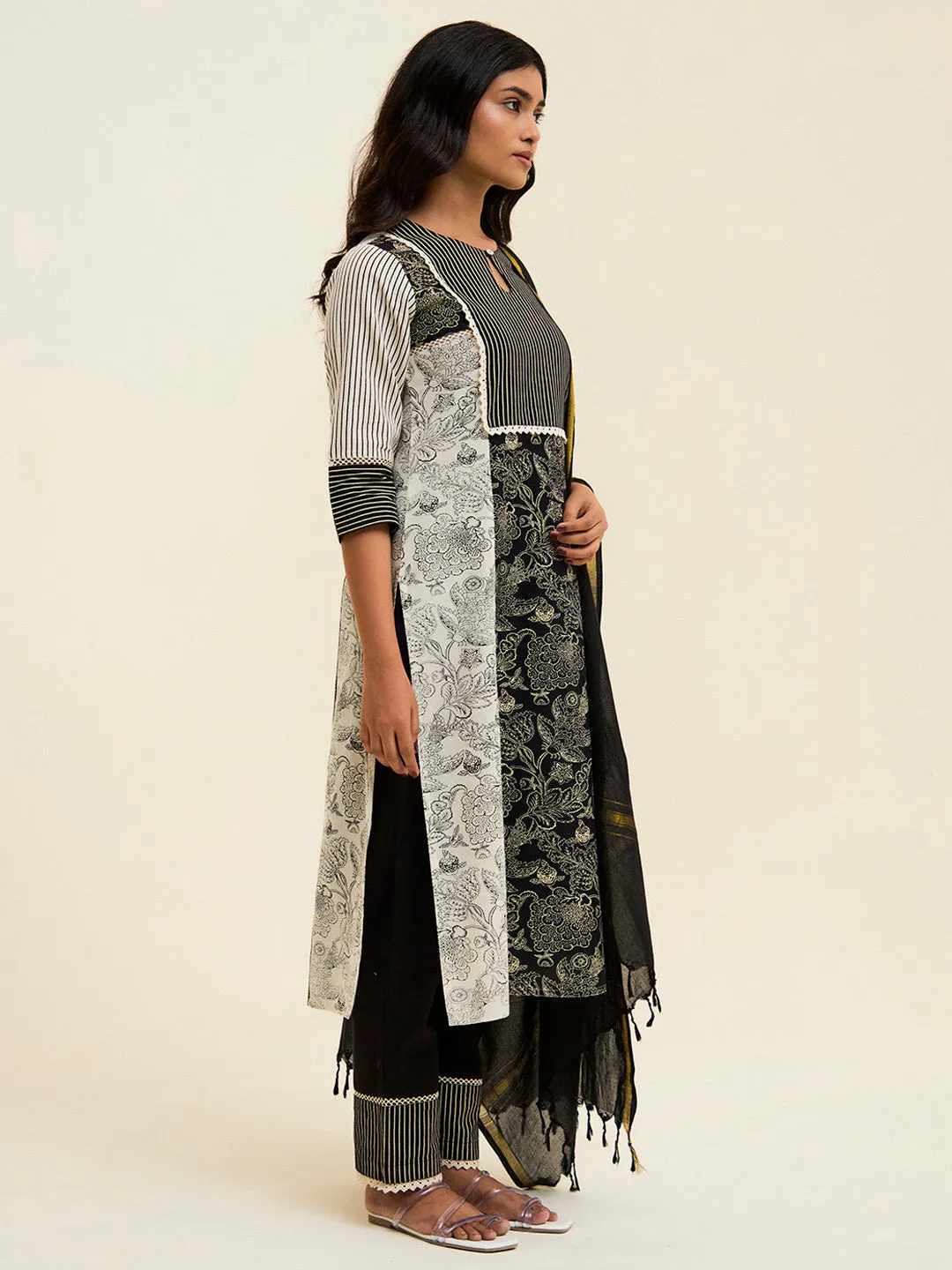 Black Handblock Printed Buddha Embroidered Suit Set