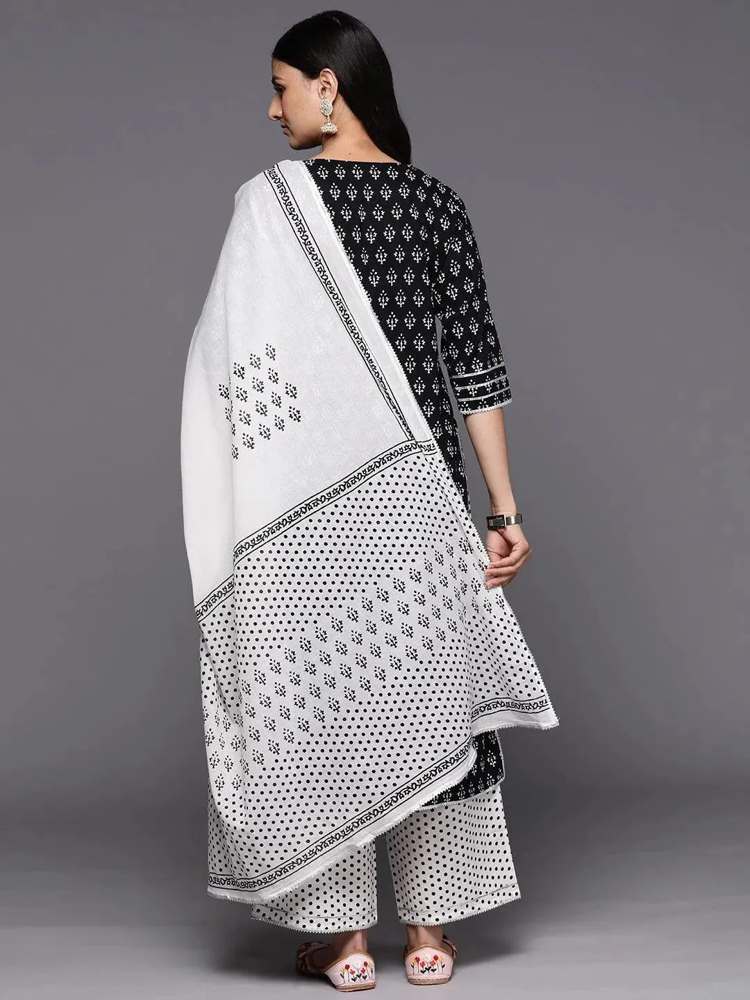 Black Printed Cotton Straight Kurta With Palazzos & Dupatta