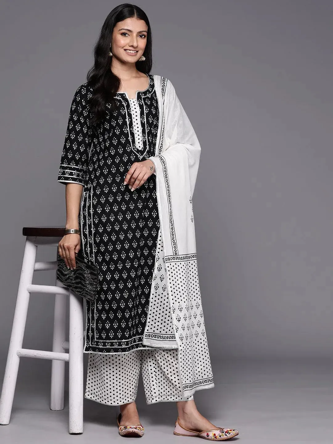 Black Printed Cotton Straight Kurta With Palazzos & Dupatta