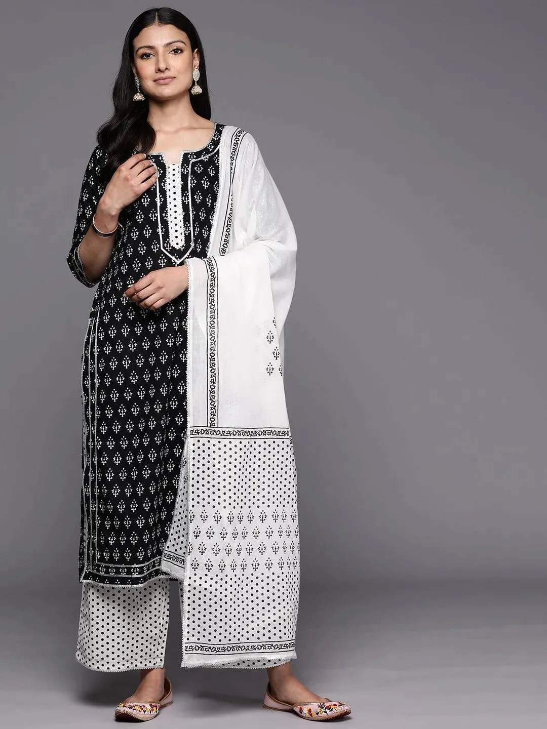 Black Printed Cotton Straight Kurta With Palazzos & Dupatta