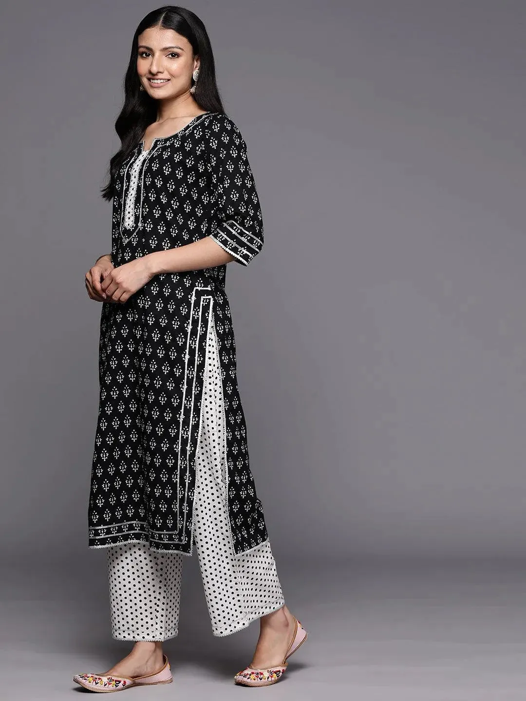 Black Printed Cotton Straight Kurta With Palazzos & Dupatta