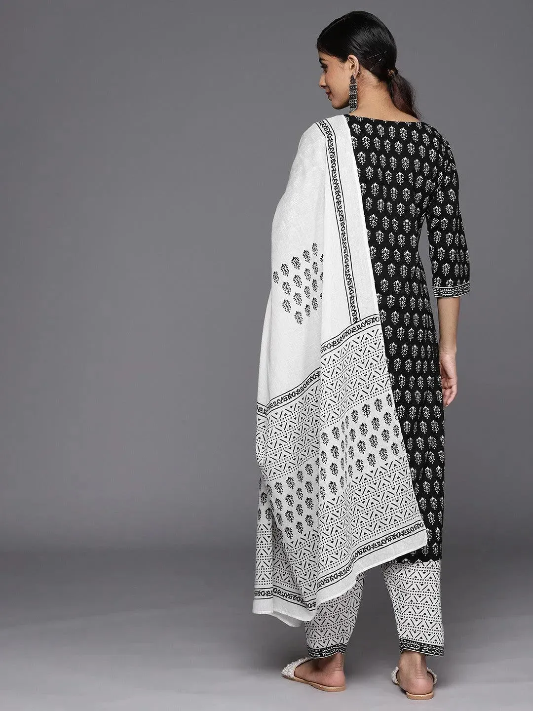 Black Printed Cotton Straight Kurta With Salwar & Dupatta