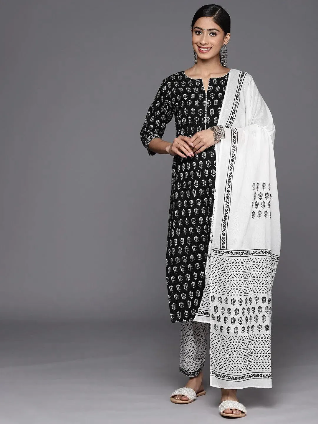 Black Printed Cotton Straight Kurta With Salwar & Dupatta