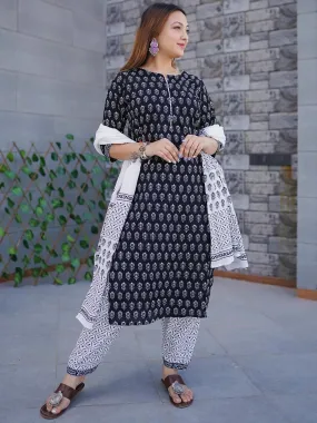 Black Printed Cotton Straight Kurta With Salwar & Dupatta