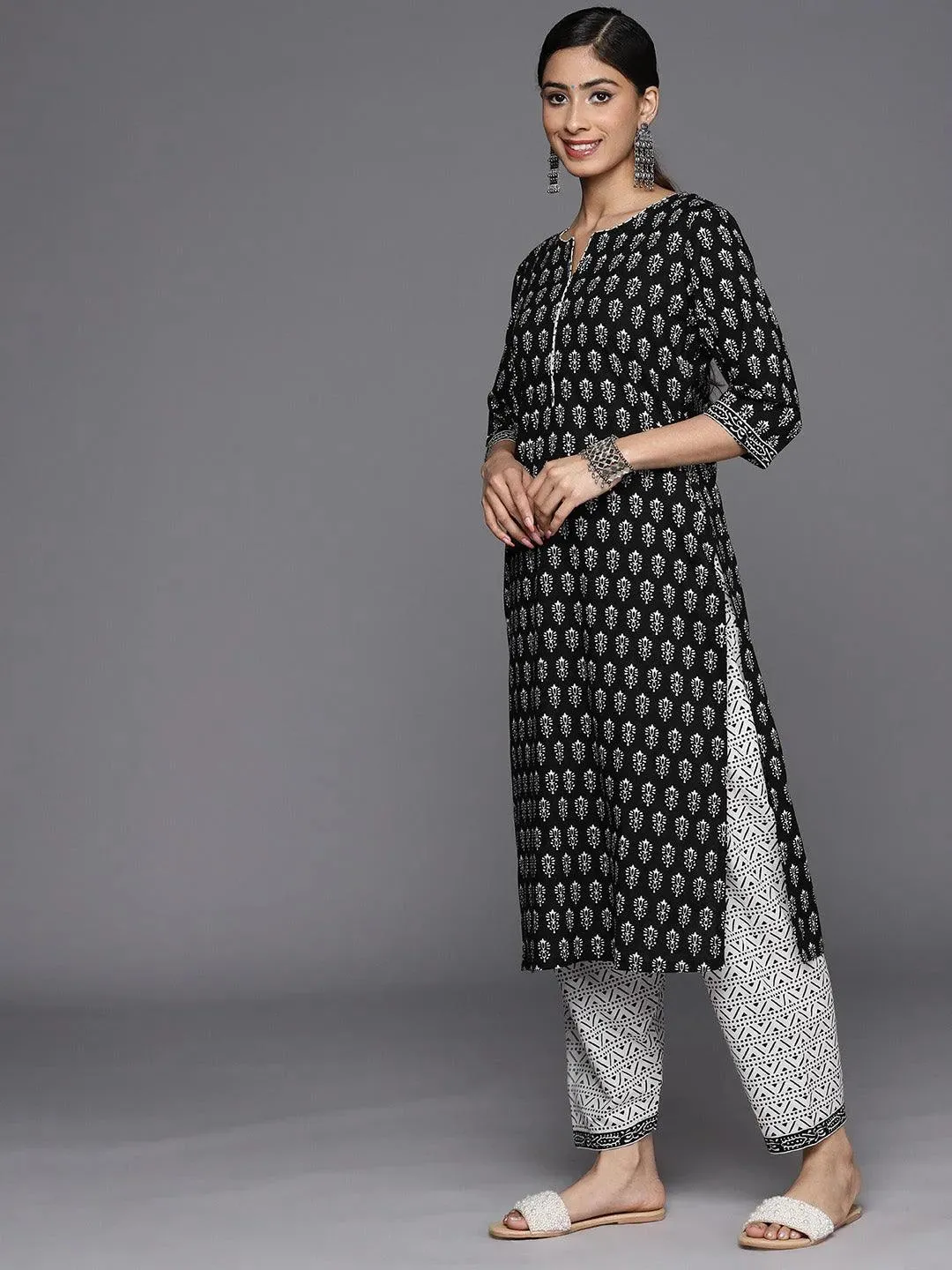 Black Printed Cotton Straight Kurta With Salwar & Dupatta