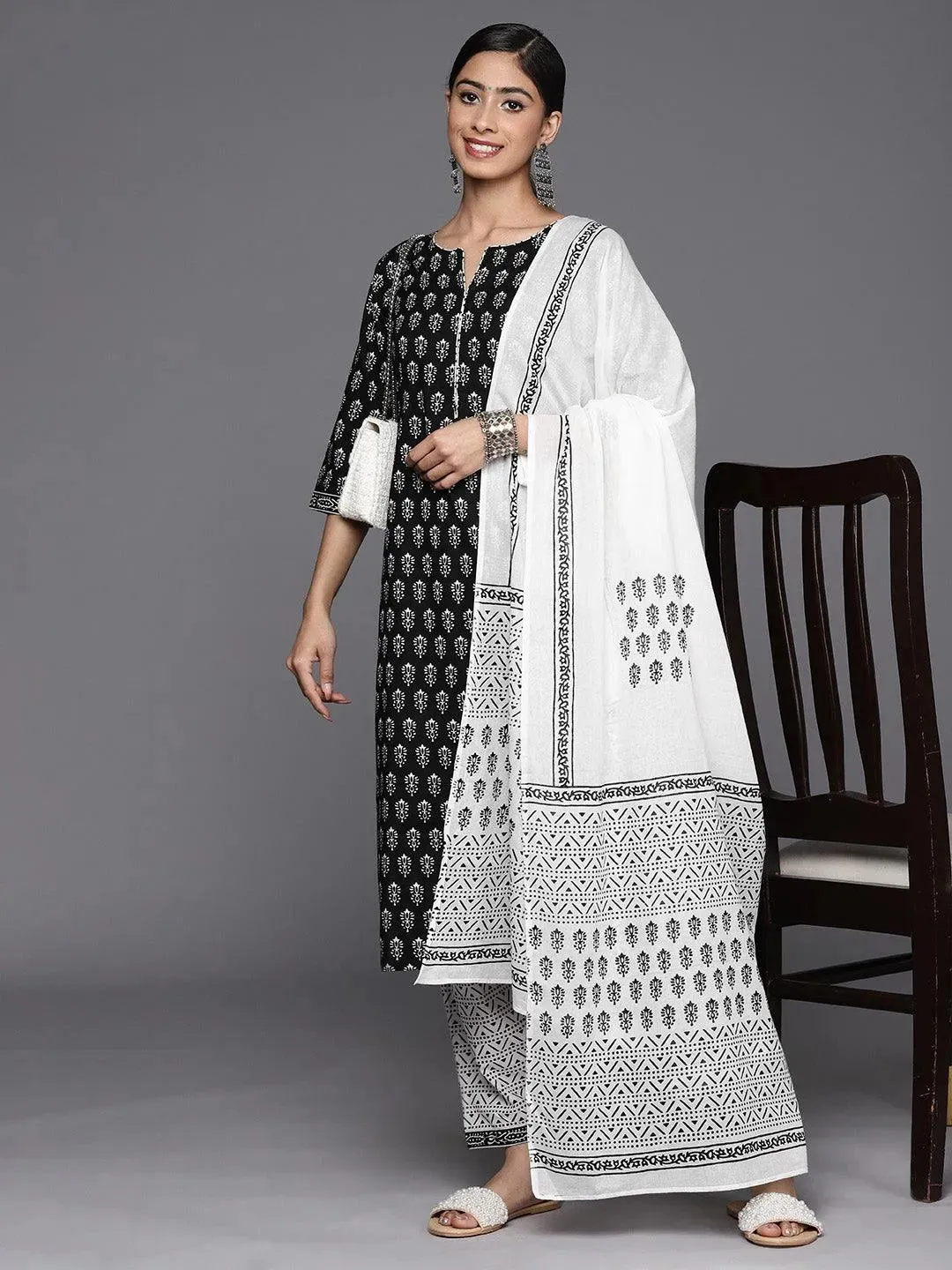 Black Printed Cotton Straight Kurta With Salwar & Dupatta