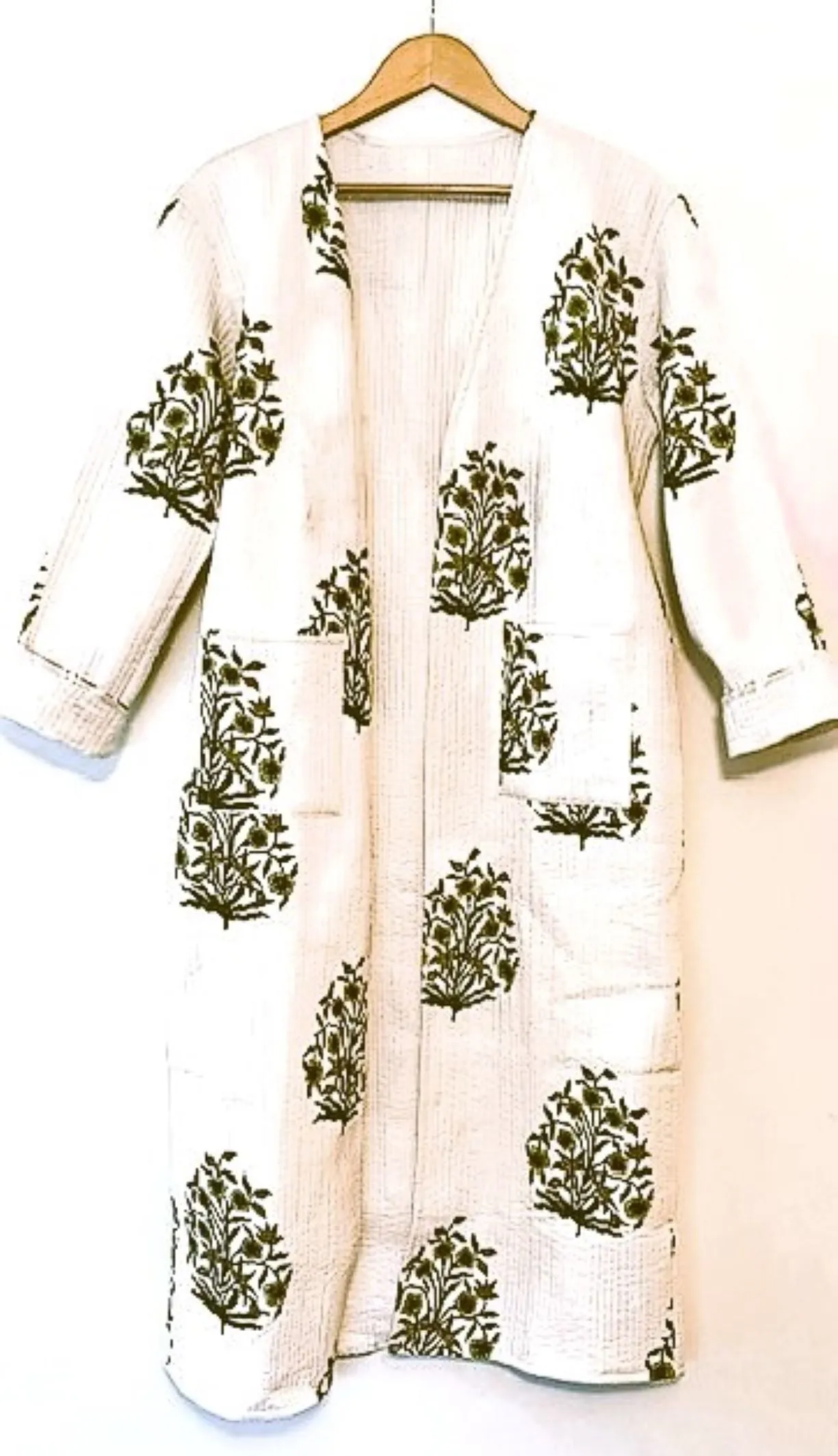 Block Print Cotton Kimono With Kantha Quilting.  Fresh and Sopisticated. (White)