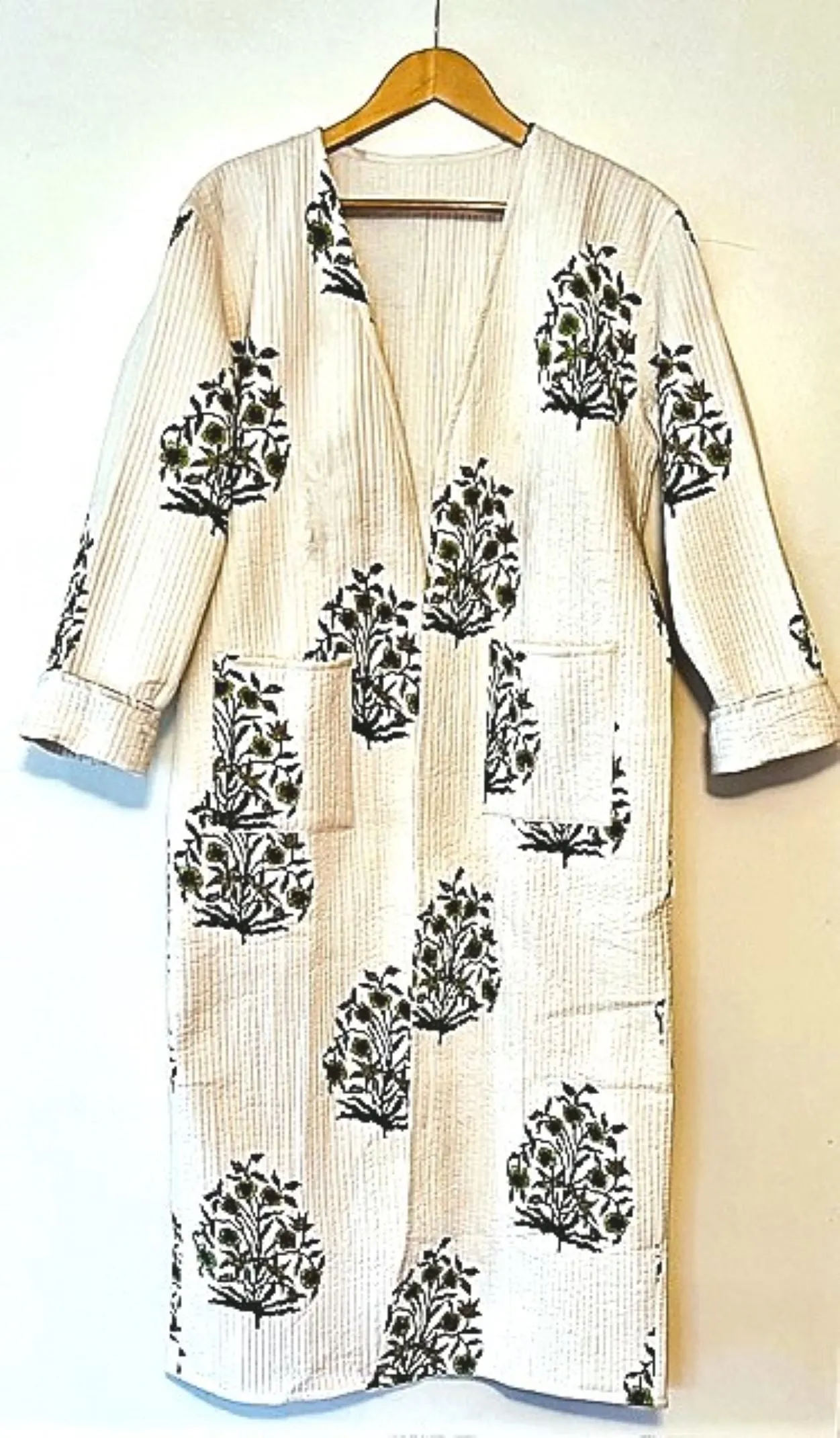 Block Print Cotton Kimono With Kantha Quilting.  Fresh and Sopisticated. (White)